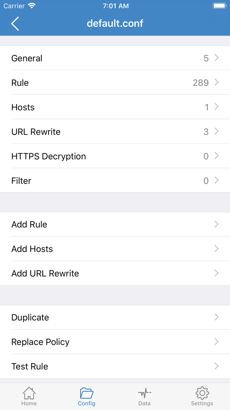 Shadowrocket 官方設定編輯畫面,顯示 General、Rule 與 Hosts