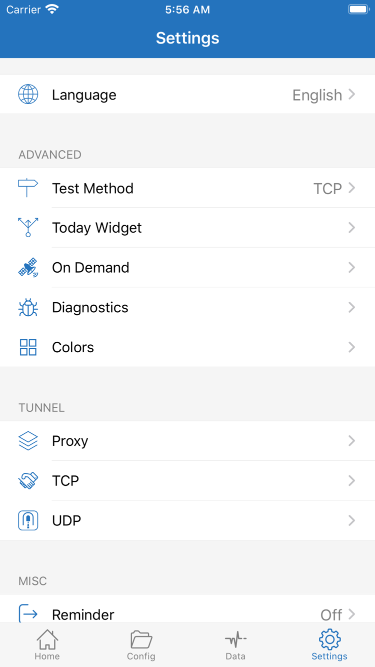 Shadowrocket 設定頁面，顯示 Language、Test Method、Today Widget、On Demand、Diagnostics、Proxy、TCP 和 UDP