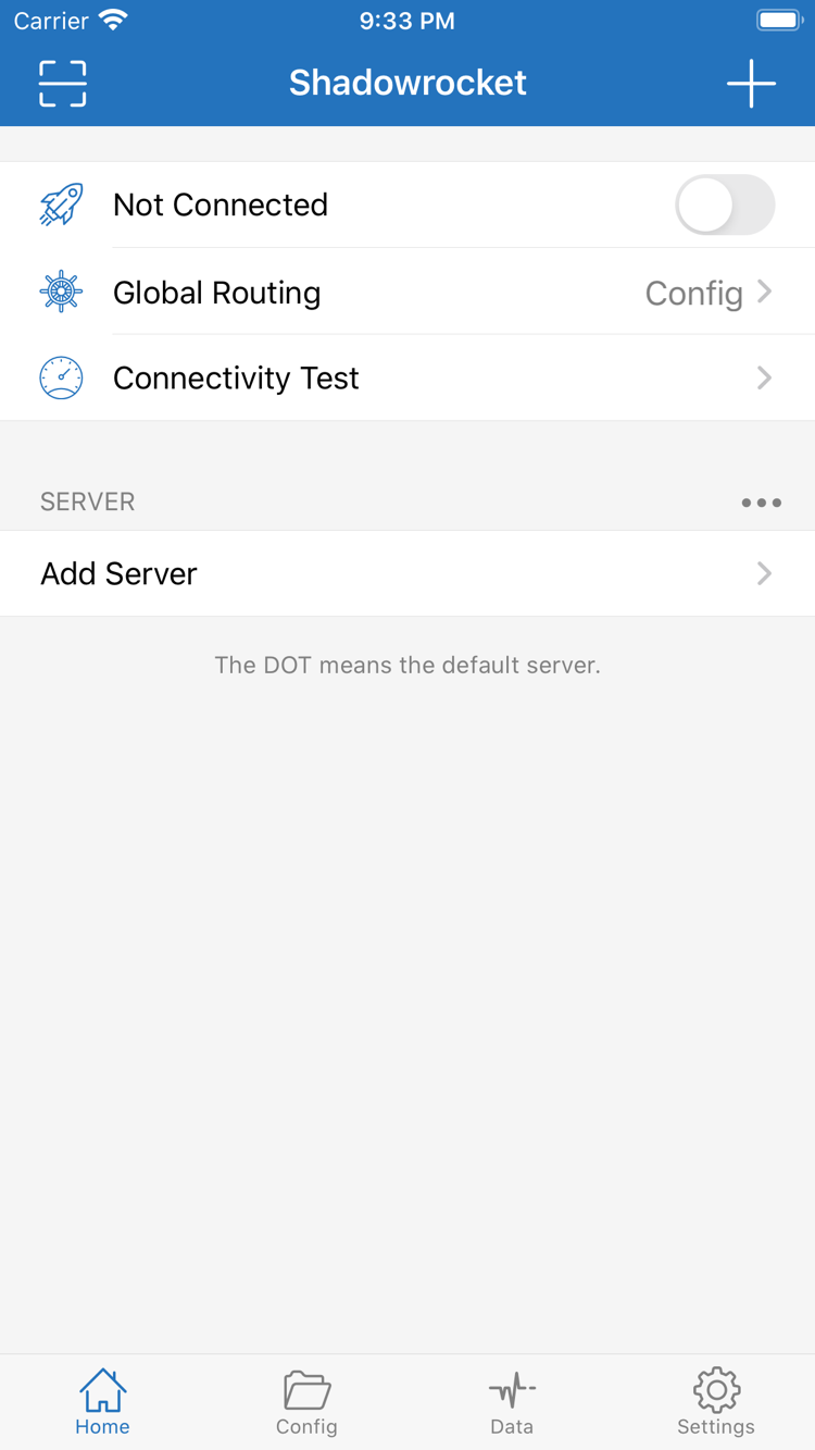 Shadowrocket 主畫面，頂端顯示 Not Connected，下方有 Global Routing、Connectivity Test、SERVER 和 Add Server