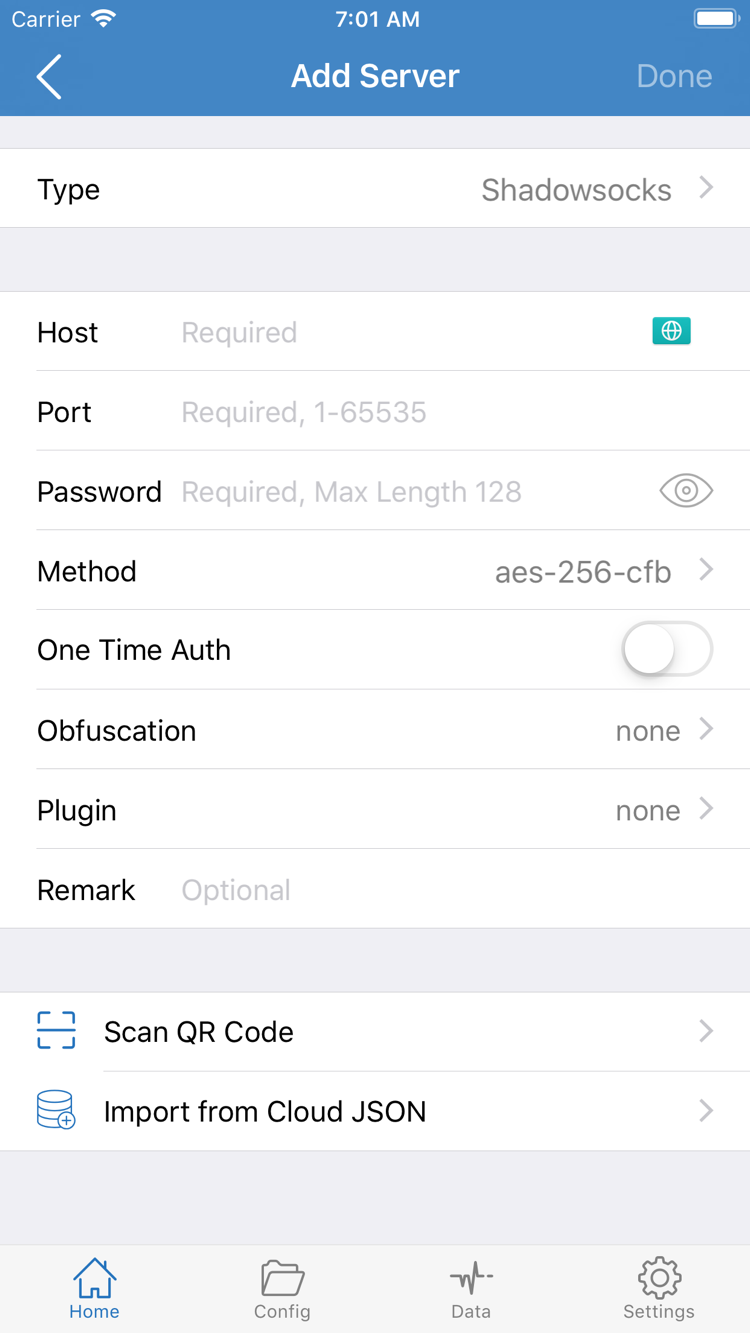 Shadowrocket 新增伺服器頁面，顯示 Type、Host、Port、Password、Method 和掃描 QR Code 匯入入口